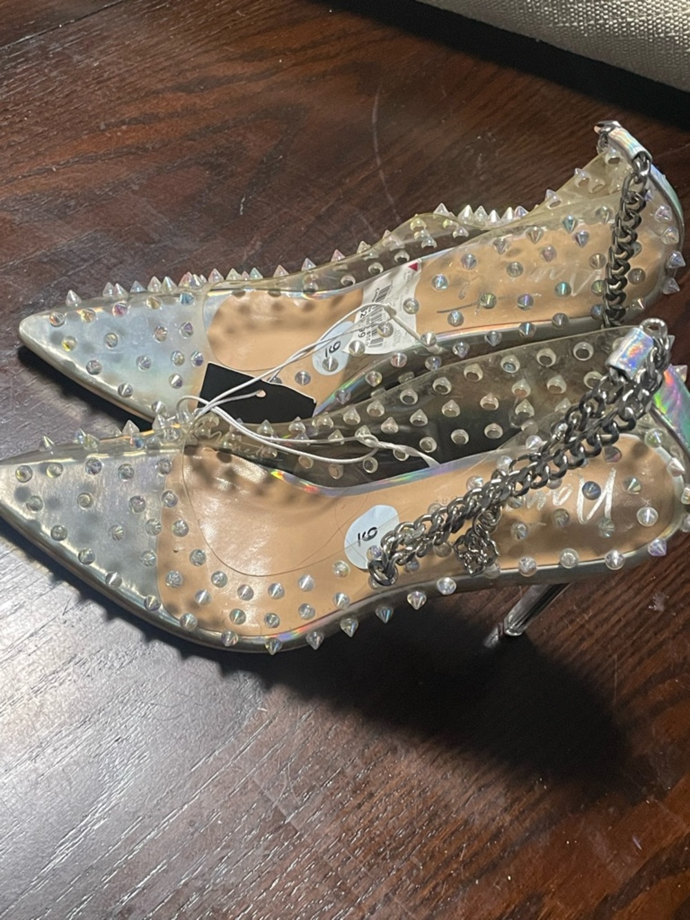 Clear Pointed Spike-Stud Heels with Chain Ankle Strap - Iridescent